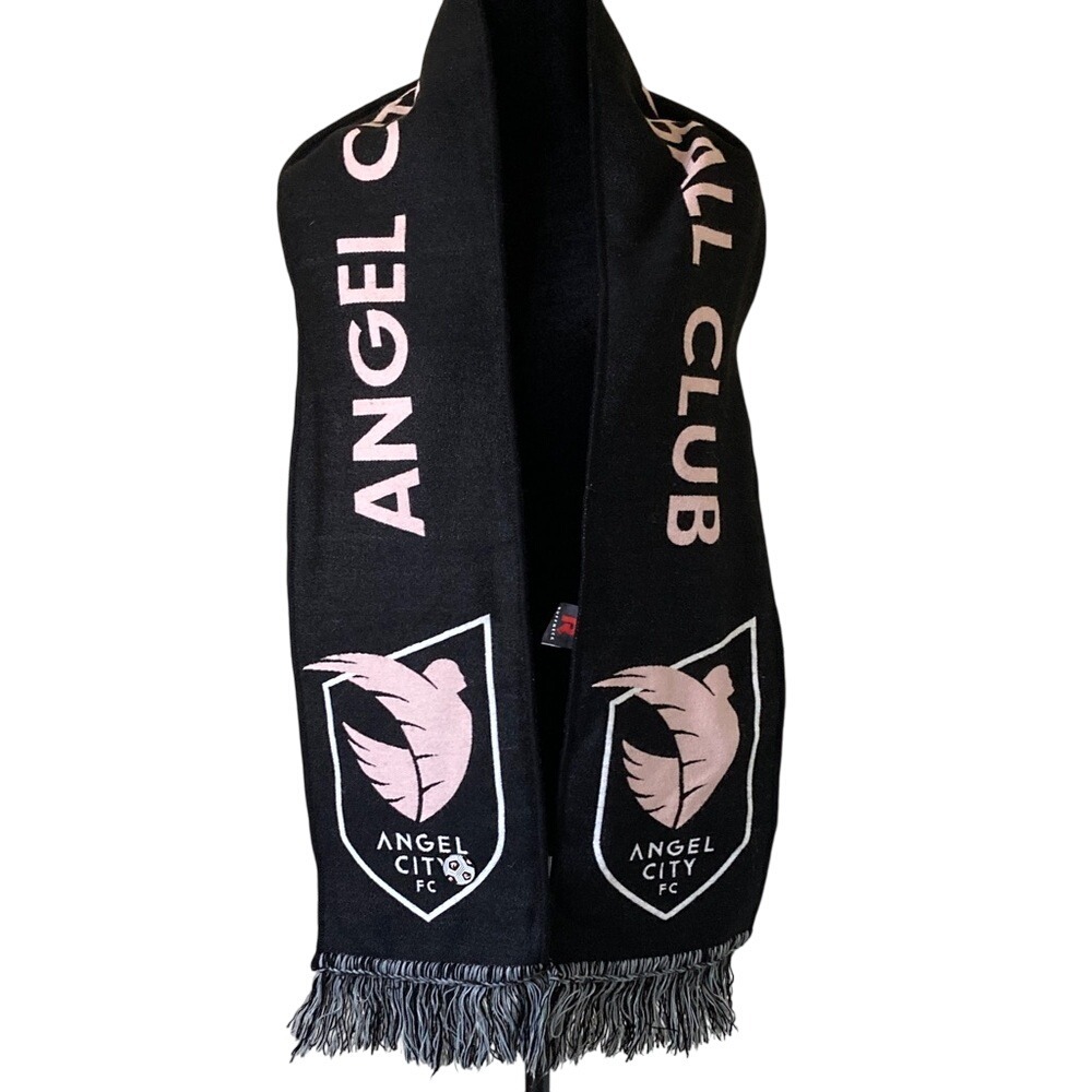 Angel City FC‎ Black Pink Grey Scarf Fringe Womens Soccer 32x7.5" + Lapel Pin